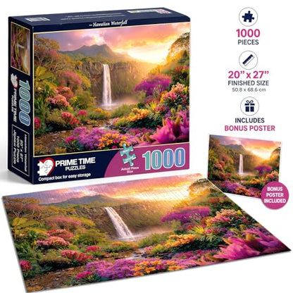 Hawaiian Waterfall Puzzles for Adults 1000 Pieces, Impossible Hard Difficult Challenging Puzzles for Adults, Colorful Tropical Flowers and Peaceful Waterfall Sunset - Jigsaw Puzzle 1000 Piece 20x27 - color: Hawaii Waterfall