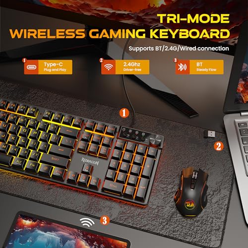 Redragon K521WL Wireless Gaming Keyboard with Knob, Tri-Mode BT/2.4G/USB-C RGB Mechanical Feeling Keyboard with Multimedia Keys, 4000mAh Battery, Anti-Ghosting, Compatible with PC - Upgrade - color: Jet Black