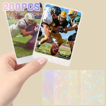 200pcs Holographic Card Sleeves 66x91mm Cute Photocard Sleeves Laser Flashing Trading Card Sleeve for MTG, TCG, Baseball, Football, Game Cards Collectors Heavy Duty 4 Mil Protector PP 4 Designs - style: Front Holographic Back Clear