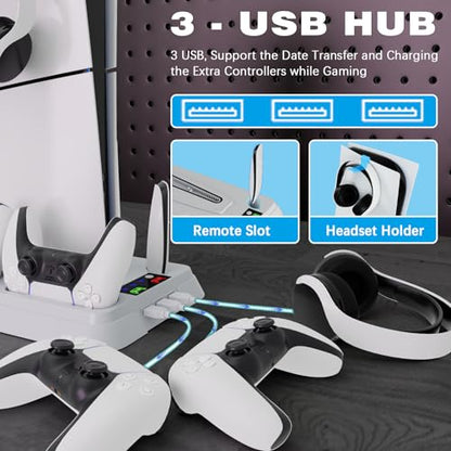 PS5/Slim/Pro Cooling Station for PlayStation 5 Console,PS5 Cooler Fan with Dual PS 5 Controller Charger Incl. 3 Level Fans,Headset,3 USB Hubs,PS5/Slim/Pro Stand for PlayStation 5 Console Accessories - color: Full-White