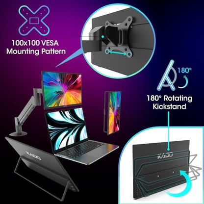 Kado 15.6" 1080p 75Hz Portable Monitor for Laptop, 100% sRGB Second Display | FHD 45W Reverse Charge HDMI USB-C IPS Laptop Screen Extender, 180° Kickstand for PC, Mac, Dex, Tablet, Xbox, PS4/PS5, Switch - style: FHD 100% sRGB