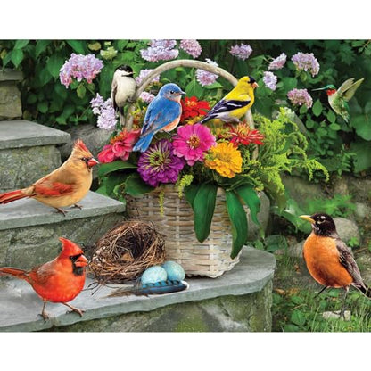 Bits and Pieces 200 Piece Puzzles for Adults - Birds on the Porch Steps - 200 Extra Large Pieces 15" x 19" Jigsaw Puzzles, Flowers, Summer, No 2 Pieces Alike - size: 200 Piece Puzzle