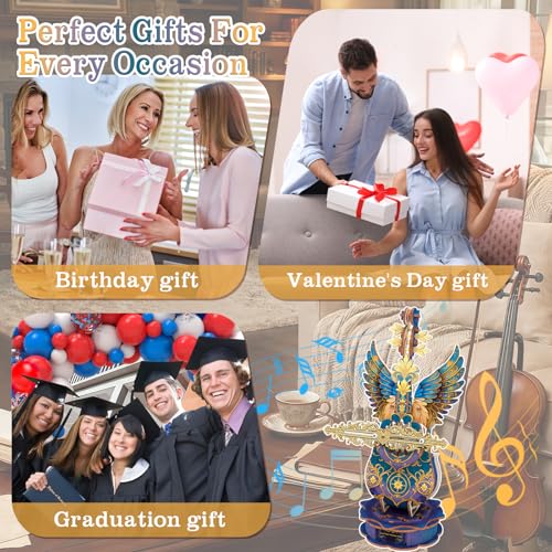 3D Wooden Puzzles for Adults, Mechanical Cello Music Box Kit with Base, DIY Wooden Model Kits to Build, Birthday Valentine's Day Gifts for Women Men, Music Box Puzzle Lover - color: Blue Feather Cello