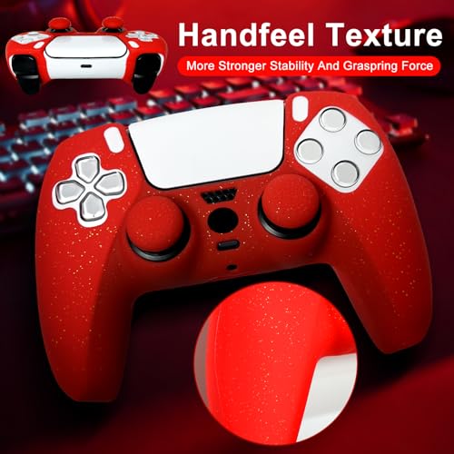 Red Glitter Silicone Protective Case for PS5 Controller, Sparkly Bling Soft Cover Skins, Includes 8-in-1 Glitter Thumb Grip Caps + 2 Cat Paw Caps – Shockproof Dustproof Anti-Slip - color: Red