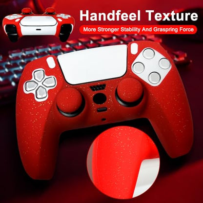 Red Glitter Silicone Protective Case for PS5 Controller, Sparkly Bling Soft Cover Skins, Includes 8-in-1 Glitter Thumb Grip Caps + 2 Cat Paw Caps – Shockproof Dustproof Anti-Slip - color: Red