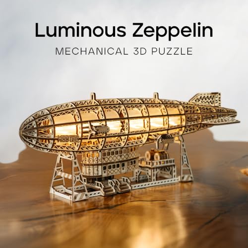 Wood Trick Luminous Zeppelin Dirigible LED 3D Wooden Puzzles for Adults to Build - Moving Propellers & Tail - Includes Wall Mount & Stand - Engineering DIY Project Mechanical 3D Puzzle Model Kits
