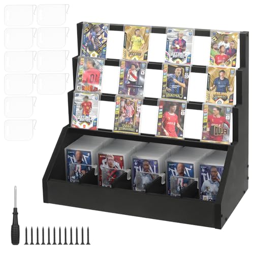 Trading Card Display Stand with Card Stoppers - 3 Tier 5 Row Wooden Step Shelf, Large Capacity Tabletop Display Storage Case for Graded Cards & Collectible Cards
