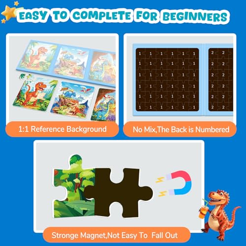 Magnetic Jigsaw Puzzles for Toddlers Kids 3-8 Boys,(3 36-Pieces) Travel Puzzles Toys for Kids Ages 4-6,Take-Along Car Airplane Road Trip Activities Game for 3 4 5 6 7 8 Year Old Birthday Gift - style: Dinosaur