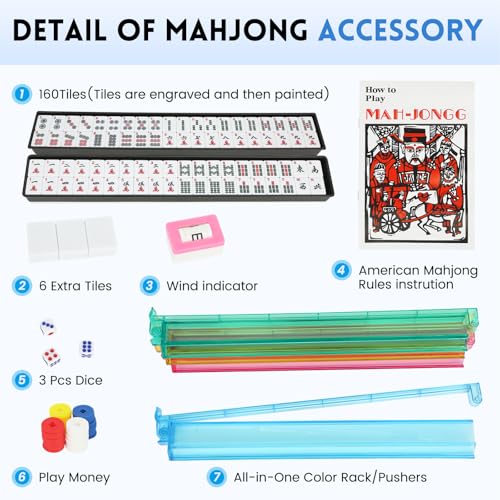 Suncle American Mahjong Tile Set,166 White Tiles Mahjong Set,4 Colors Mahjong Racks,Travel Mahjong Set with Red Carrying Bag - color: Red