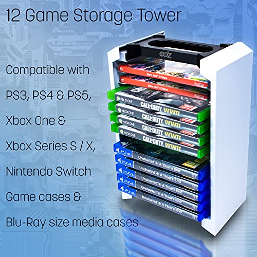ADZ Game Storage Tower – Universal Games Storage Tower – Stores 12 Game or Blu-Ray Disks – Game Tower Rack for PS4, PS5, Xbox One, Xbox Series X/S, Switch Games and Blu-Ray Cases