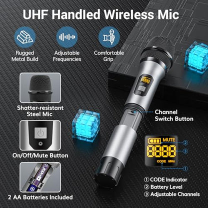 TONOR Wireless Microphones System, 8 * 12 Channel Metal Professional UHF Cordless Dynamic Handheld Mics with Receiver for Home Karaoke, Meeting, Party, Church, Wedding, KTV, 90 m/295ft, TW-880 Silver - style: 8 Mics