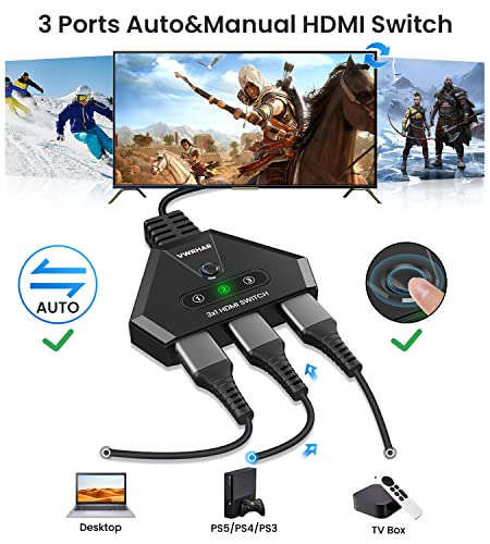 HDMI Switch 4K HDMI Splitter, Automatic HDMI Switch 3 in 1 Out with Pigtail HDMI Cable, 3 Ports HDMI Switcher Support HDCP 2.2 Full HD 4K 1080P 3D for Fire Stick Apple TV PS5 PS4 Xbox PC