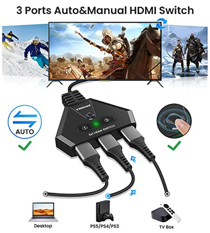HDMI Switch 4K HDMI Splitter, Automatic HDMI Switch 3 in 1 Out with Pigtail HDMI Cable, 3 Ports HDMI Switcher Support HDCP 2.2 Full HD 4K 1080P 3D for Fire Stick Apple TV PS5 PS4 Xbox PC