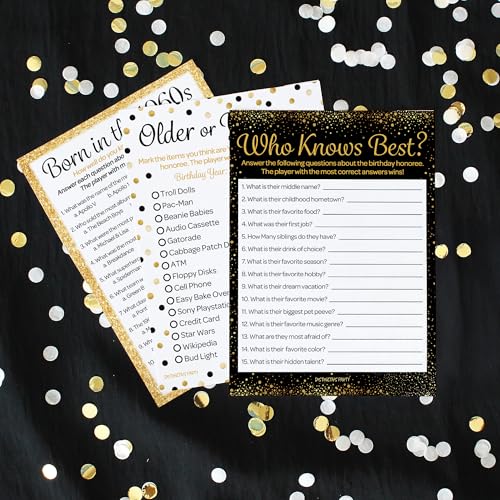 Black and Gold 60th Birthday Games Set, Born in the 1960s, 20 Guests | 5" x 7" Dual-Sided Cards, Who Knows Best, Older or Younger, and 1960s Trivia Games, Answer Keys Included