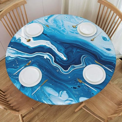 Famame Abstract Blue Marble Fitted Round Tablecloth Waterproof Table Cloth with Elastic Edge Wipe Clean Table Covers for Indoor Outdoor Fits 45"-50", Medium - color: Abstract Blue Marble