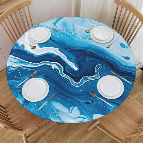 Famame Abstract Blue Marble Fitted Round Tablecloth Waterproof Table Cloth with Elastic Edge Wipe Clean Table Covers for Indoor Outdoor Fits 45"-50", Medium - color: Abstract Blue Marble