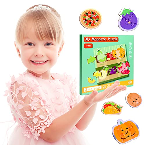 Magnetic Puzzles for Kids Ages 3-5, Travel Toddler Food Puzzle Toy | Refrigerator Magnet Game for Ages 4-6, Learning & Birthday Gift for Boys, Car Airplane Road Trip Quiet-Time Activity Toys - style: Food