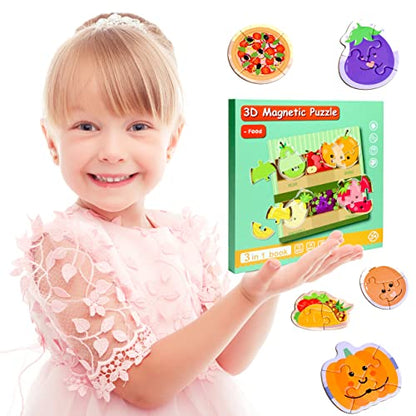 Magnetic Puzzles for Kids Ages 3-5, Travel Toddler Food Puzzle Toy | Refrigerator Magnet Game for Ages 4-6, Learning & Birthday Gift for Boys, Car Airplane Road Trip Quiet-Time Activity Toys - style: Food