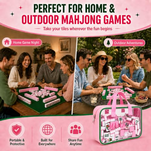 Empty Mahjong Tile Bag American Clear Mahjong Case with Zipper | PVC Mahjong Bag Storage 166 Tiles Waterproof Holder with Handles Letters Printed for Game Days Gift Travel Pink Case Only - color: Pink