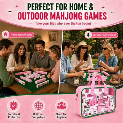 Empty Mahjong Tile Bag American Clear Mahjong Case with Zipper | PVC Mahjong Bag Storage 166 Tiles Waterproof Holder with Handles Letters Printed for Game Days Gift Travel Pink Case Only - color: Pink