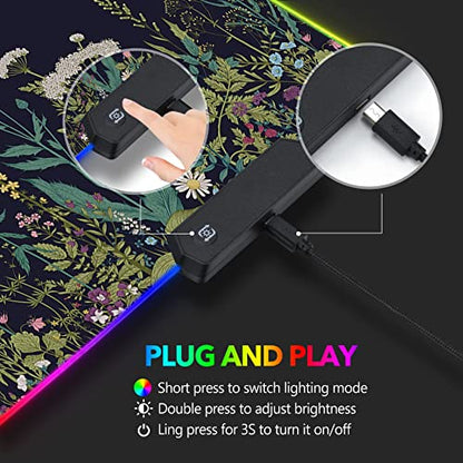 RGB Gaming Mouse Pad Large, AIMSA Keyboard Led Mousepad Extended 35.4 x 15.8 inch Non-Slip Rubber Base with 14 Lighting Modes, Big Desk Mat Waterproof, Flowers Plants - color: Flowers Plants