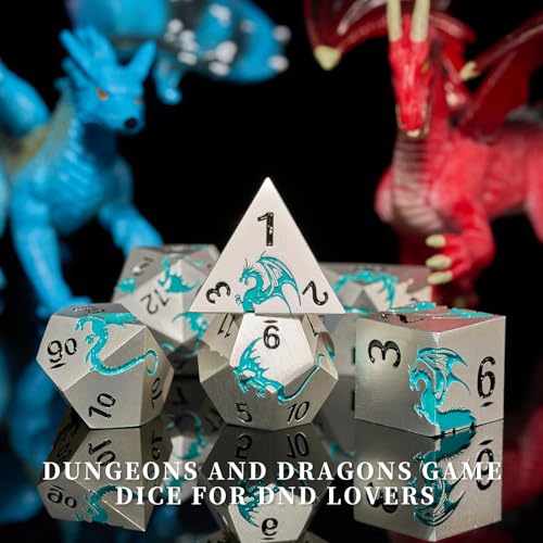 Matte Silver Blue Dragon Metal Dice Set,7 PCS Heavy Zinc Alloy DND Dice with Magnetic Gift Box for Dungeons & Dragons Tabletop Games (Matte Silver Blue Dragon) - color: Matte Silver Blue02