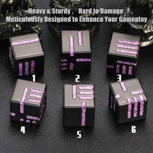 D6 Dice Set of 6 Pcs, 16mm Cool Fancy 6 Sided Dice, Metal D6 for DND, RPG, Dungeons and Dragons (Matte Black & Glitter Purple) - color: D6 Glitter Purple