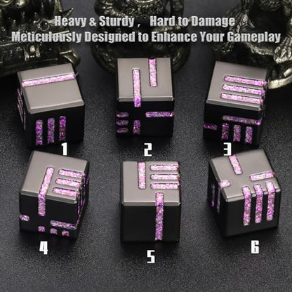 D6 Dice Set of 6 Pcs, 16mm Cool Fancy 6 Sided Dice, Metal D6 for DND, RPG, Dungeons and Dragons (Matte Black & Glitter Purple) - color: D6 Glitter Purple