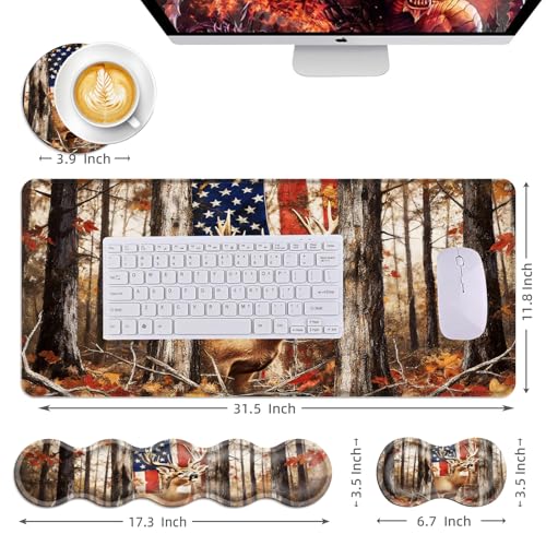 Mouse Pad,Large Desk Mat Set, 4in1 XL Mousepad + Keyboard Wrist Rest+Mouse Wrist Rest+Coaster with Ergonomic Desk Pad for Home Office Table Computer Cover -American Flag and Deer - color: American Flag and Deer