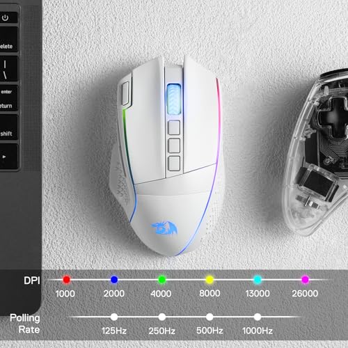 Redragon M991 3-Mode Wireless RGB Gaming Mouse 26000 DPI Remapping Keys | Cable-Free 0 Delay, Smooth Precise Tracking, Rapid-Fire Macro Keybinds, Vibing Backlight, Ergonomic Grip Body Comfort - color: White, style: M991