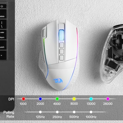 Redragon M991 3-Mode Wireless RGB Gaming Mouse 26000 DPI Remapping Keys | Cable-Free 0 Delay, Smooth Precise Tracking, Rapid-Fire Macro Keybinds, Vibing Backlight, Ergonomic Grip Body Comfort - color: White, style: M991