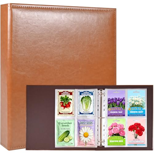 A4 3 Ring Binder Garden Seeds Storage Album with 30 Pcs 3.5x5” Seed Packet Sleeves, PU Leather Hardcover Organization Book for Seed Packet，Photo, Index Card，240 Top Loading Pockets Capacity - color: Brown Seed Album