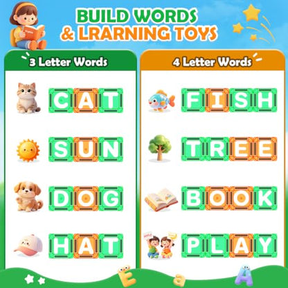 Magnetic Tiles Learn Letters Magnetic Building Blocks for Kids Ages 3-12 | Double-Sided Uppercase & Lowercase Magnetic Letter Preschool Learning Toys, Educational STEM Toys & Back to School Supplies - size: Magnetic Letters Set