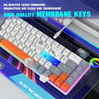 Snpurdiri 60% Percent Gaming Keyboard (68 Keys, White-Grey-Orange) | Ergonomic Compact RGB Backlit Small Gaming Keyboard for Windows, PC, Laptop - color: White Grey Orange