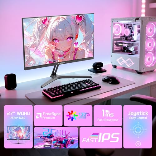 SANSUI Gaming Monitor 27" 1440p 260hz/240hz WQHD 2K - Fast IPS 1ms FreeSync Premium 丨DCI-P3 98% 丨sRGB130% 丨HDR10 丨2×DisplayPort 1.4丨2×HDMI2.0 PC Gaming Monitor with Crosshair - size: 27.01