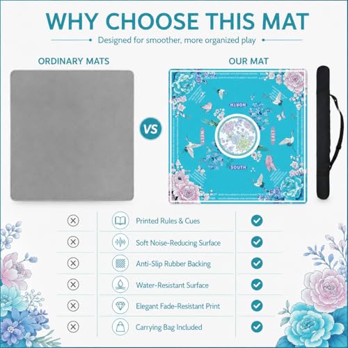 Blue Mahjong Mat for Table, American Mahjong Mat with Rules, 31.5''x31.5'' | Non-Slip & Noise Reduction Mah Jongg Gift with Carrying Bag for Poker, Board Games, Dominoes, Cards & Tile Games - color: Lake Blue