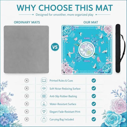 Blue Mahjong Mat for Table, American Mahjong Mat with Rules, 31.5''x31.5'' | Non-Slip & Noise Reduction Mah Jongg Gift with Carrying Bag for Poker, Board Games, Dominoes, Cards & Tile Games - color: Lake Blue
