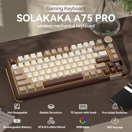 SOLAKAKA A75 PRO 75% Wireless Mechanical Keyboard with Screen and Knob, Tri-Mode Hot Swappable Gaming Keyboard, RGB Backlit Gasket Creamy Pre-lubed PBT Computer Keyboard for PC/Mac/Win,Brown - color: CreamBrown