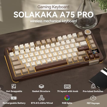 SOLAKAKA A75 PRO 75% Wireless Mechanical Keyboard with Screen and Knob, Tri-Mode Hot Swappable Gaming Keyboard, RGB Backlit Gasket Creamy Pre-lubed PBT Computer Keyboard for PC/Mac/Win,Brown - color: CreamBrown