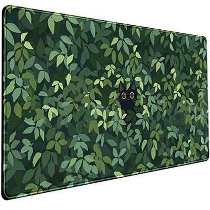 Cute Cat Desk Mat Kawaii Green Desk Pad - Large Gaming Mouse Pad Laptop Mat | Desk Pad Large Anime Gaming Mouse Pad for Desk Computer Office Keyboard Laptop 31.5x15.7 in - Non-Slip Base, Stitched Edges - color: Green Plants Black Cat