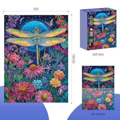 Moonlit Dragonfly in Flower Garden 500 Piece Jigsaw Puzzle, Relaxing Game | Fun and challenging for family time, relaxing gift for adults and seniors, 20.5 x 15 in - style: Dragonfly
