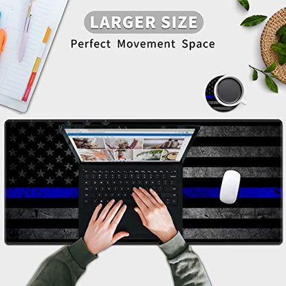 Large Gaming Mouse Pad, Thin Blue Line American Flag Design Keyboard Mat Desk Mousepad, Full Desk Extended XXL Mouse Pad 35.5" X 15.75" w/Stitched Edges Non-Slip for Office Home Gamer