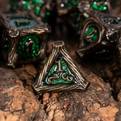 7PCS Metal DND Dice Bronze Green Metal Dice Set D&D for Board Games | Leather Storage Bag, DM Gift, for Dungeons and Dragons Role Playing Games - color: Metal Tree-bronzegreen
