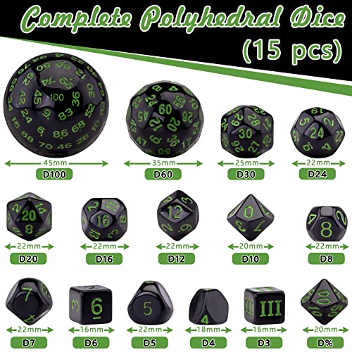AUSTOR 15 Pieces Complete Polyhedral Dice Set D3-D100 Game Dice Set with a Leather Drawstring Storage Bag for Role Playing Table Games(Black & Green) - color: Black & Green