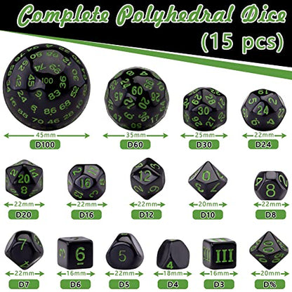 AUSTOR 15 Pieces Complete Polyhedral Dice Set D3-D100 Game Dice Set with a Leather Drawstring Storage Bag for Role Playing Table Games(Black & Green) - color: Black & Green