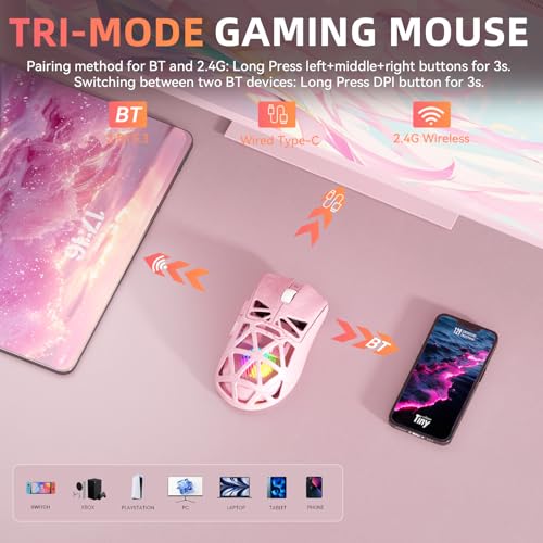 Aula SC620 Wireless Gaming Mouse, Tri-Mode 2.4GHz/USB-C/BT5.3 Computer Mouse with 12000 DPI, Programmable Macro Gamer Mouse with Rapid Fire Key, RGB Light Gaming Mice for PC/Laptop/Mac (Line Pink) - color: Line pink