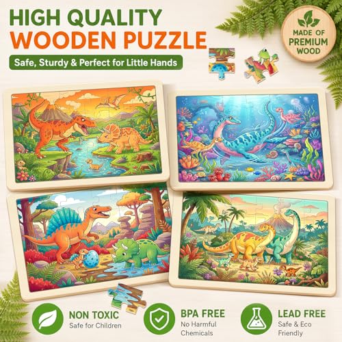 Puzzles for Kids Ages 4-6, 4-Pack 24-Piece Wooden Kids Puzzles | Dinosaur Adventure Themes | Educational Puzzles for Kids Ages 3-5, Age-Appropriate Learning Toys, Ages 3+ - color: Dinosaur