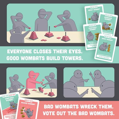Exploding Kittens Hand to Hand Wombat, 3-6 Players, Age 7+ | Build towers with your eyes closed, spot the secret saboteurs, and vote out the Wicked Wombats before they wreck it all!