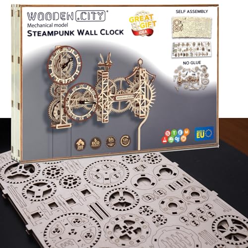 WOODEN.CITY Steampunk Wall Clock Kit – 3D Wooden Puzzle for Adults, Mechanical DIY Clock Model, Working Wall Art (257 Pieces) Made in EU - color: Steampunk Wall Clock