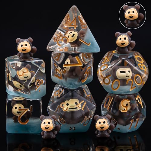 DND Dice Set, Bear Resin Cute Polyhedral Dice for Dungeons and Dragons, RPG, MTG D&D 7-DIE (D4, D6, D8, D10, D12, D20, D%) for Ages 15 and Up - color: Monkey